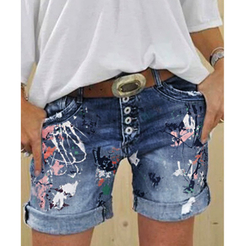Short Vaquero Talle Alto Elástico con Estampado y Botón Talla Grande