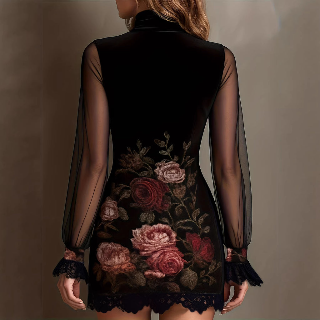 Vestido Mini Ajustado con Encaje, Tul Estampado y Escote Elegante