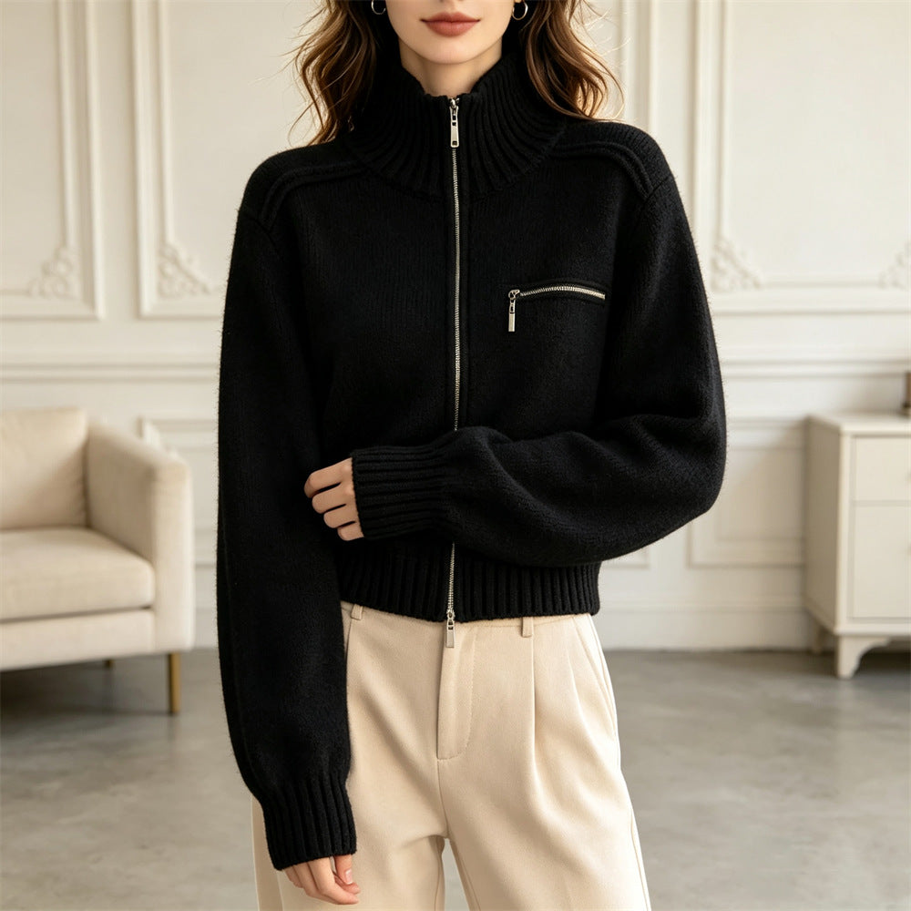 Western Style Knitted Zip Front Stand Collar Cropped Cardigan for Women