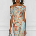 Vestido Largo Floral Off Shoulder con Manga Corta y Estampado Digital
