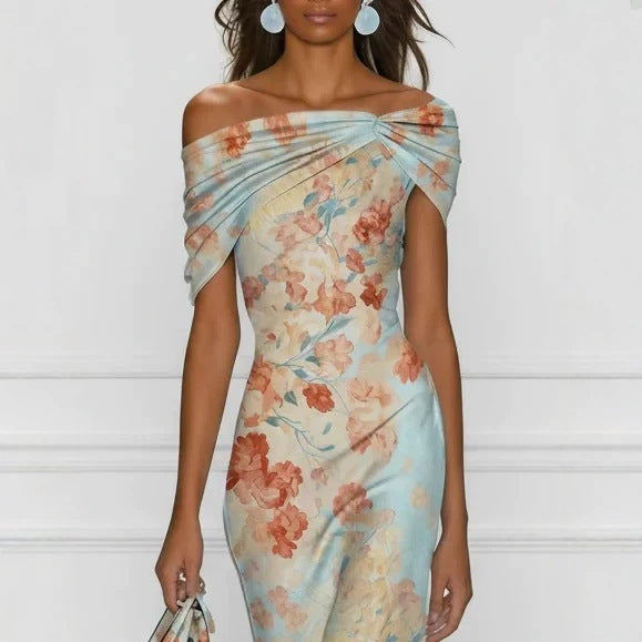 Vestido Largo Floral Off Shoulder con Manga Corta y Estampado Digital