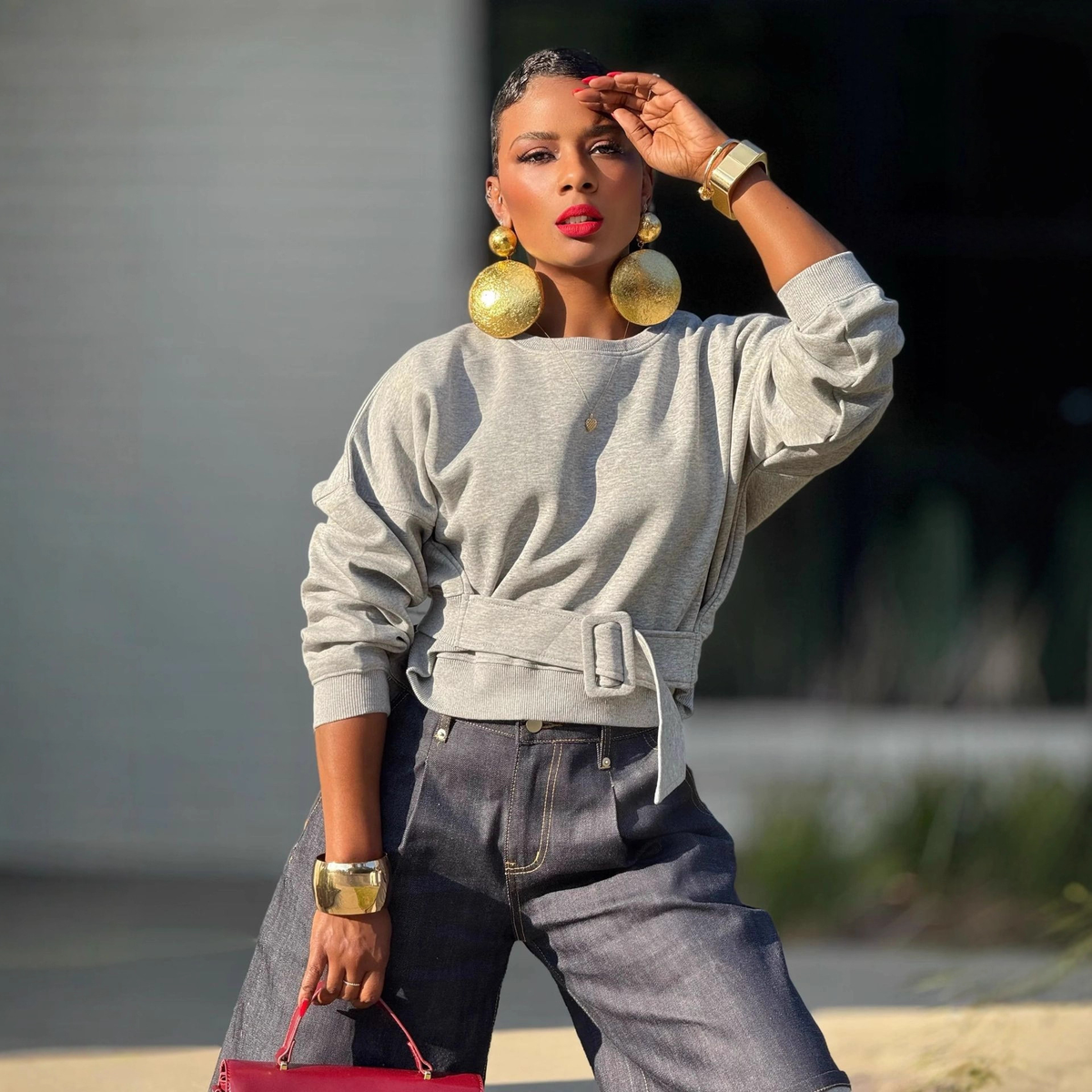 Hooded Crop Sweatshirt with Belt Buckle Detail