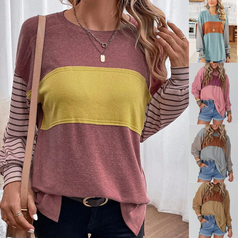 Camiseta Manga Larga Cuello Redondo con Bloques de Color y Rayas