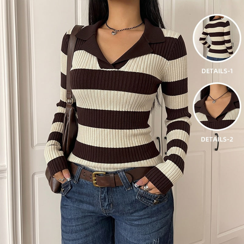 Jersey de Punto Casual Retro con Rayas, Manga Larga y Cuello Solapas