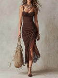 Vestido Largo de Encaje con Tirantes y Plisado Sexy Street Style