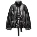 Casual waist belt PU leather lace up stand up collar long sleeved jacket