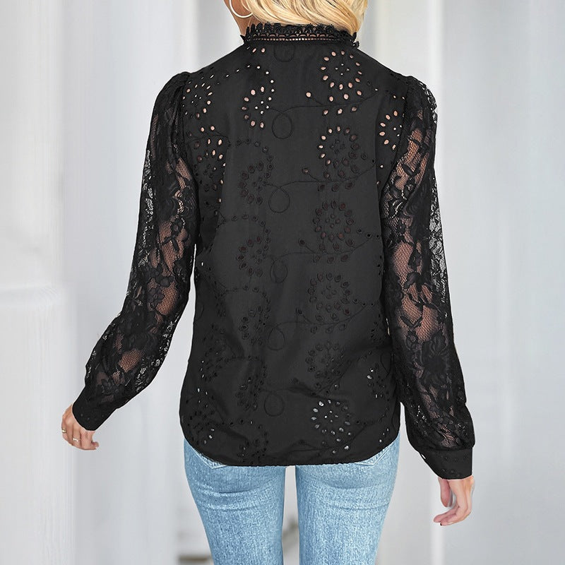 Blusa de Manga Larga con Encaje y Cuello Destacado