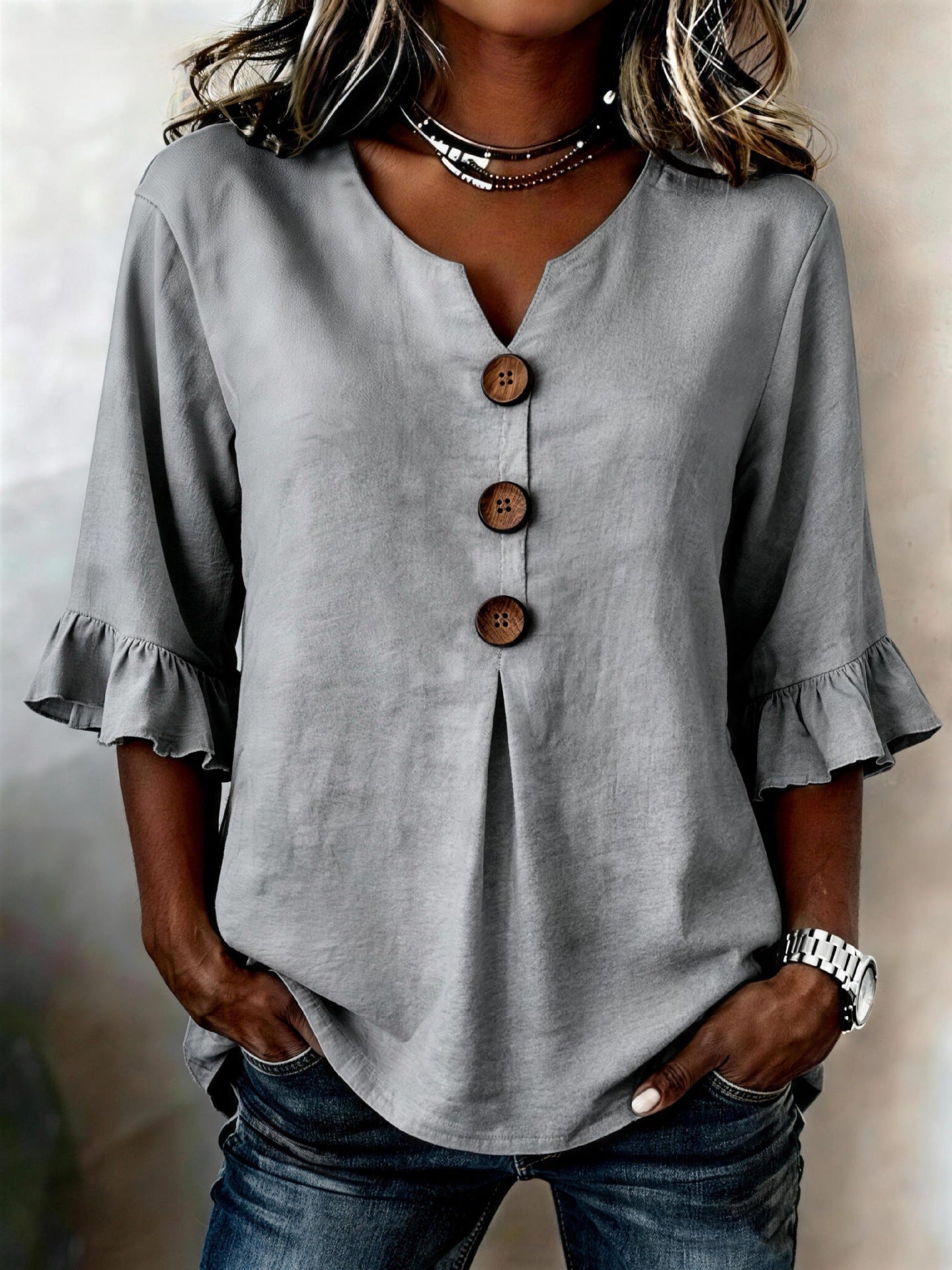 Blusa Lino-Algodón Cuello V con Botones para Verano