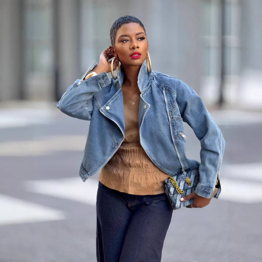 Motorcycle Style Turn-Down Collar Zipper Long Sleeve Denim Jacket