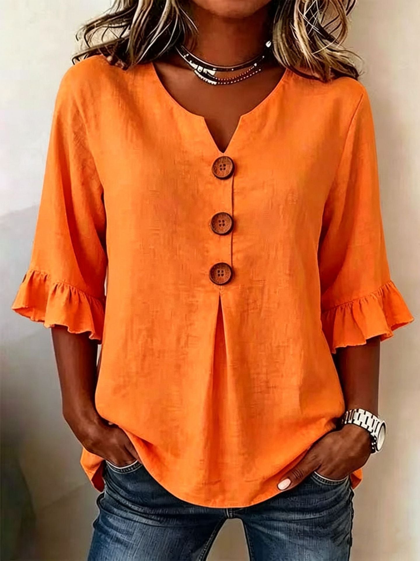 Blusa Lino-Algodón Cuello V con Botones para Verano
