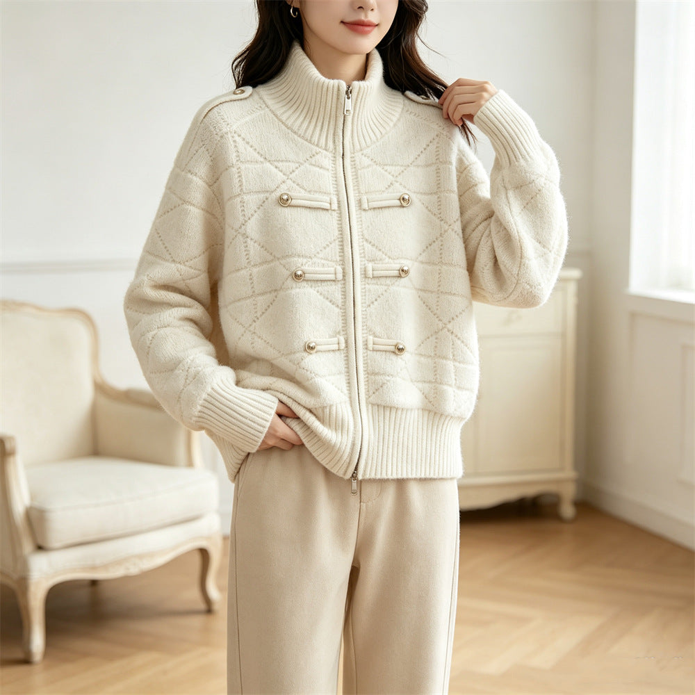 Stand up collar zipper cardigan sweater