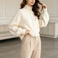 Western Style Knitted Zip Front Stand Collar Cropped Cardigan for Women