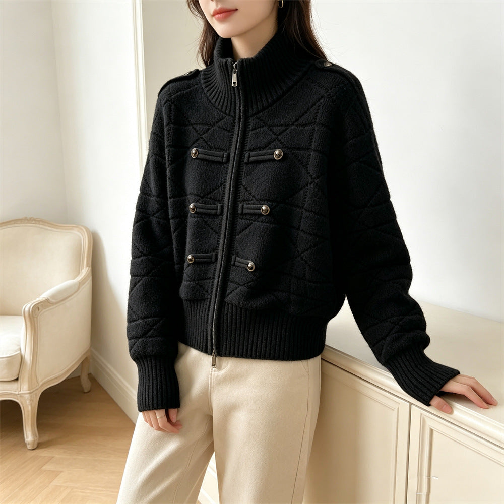 Stand up collar zipper cardigan sweater