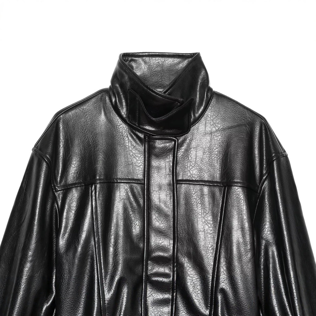 Casual waist belt PU leather lace up stand up collar long sleeved jacket