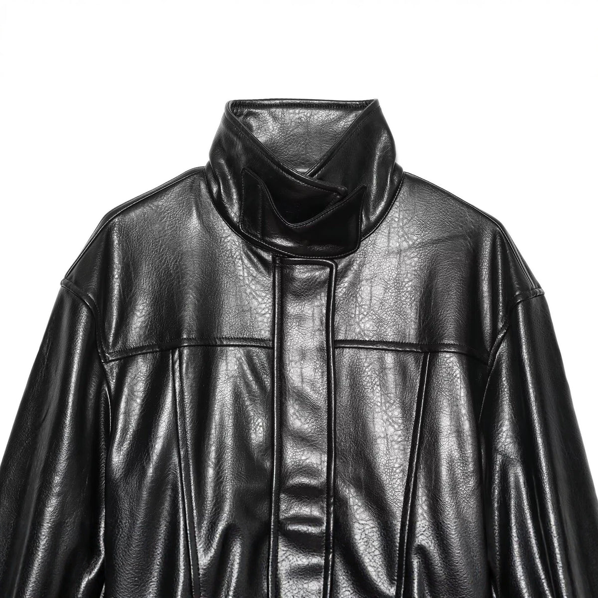 Casual waist belt PU leather lace up stand up collar long sleeved jacket