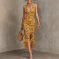 French Vintage Yellow Floral Halter Neck Dress Deep V Waist-Cinching Split Ruffle Slimming Elegant Dress