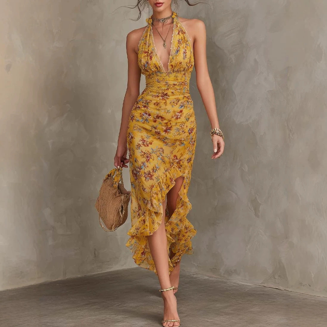 French Vintage Yellow Floral Halter Neck Dress Deep V Waist-Cinching Split Ruffle Slimming Elegant Dress