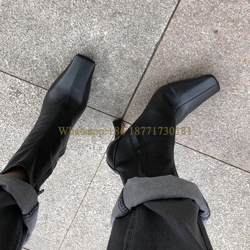 Botines de Punta Cuadrada con Tacón Cuadrado y Cremallera Lateral — Botas Elásticas de Moda Invierno