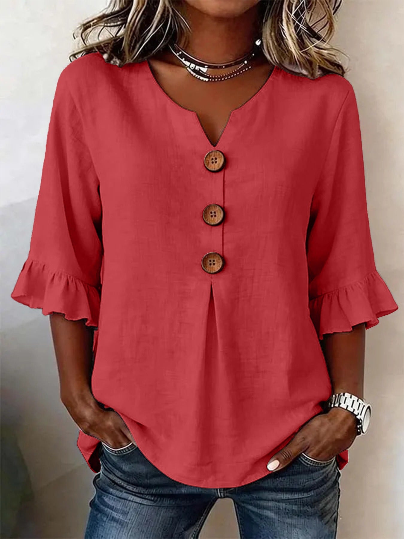Blusa Lino-Algodón Cuello V con Botones para Verano