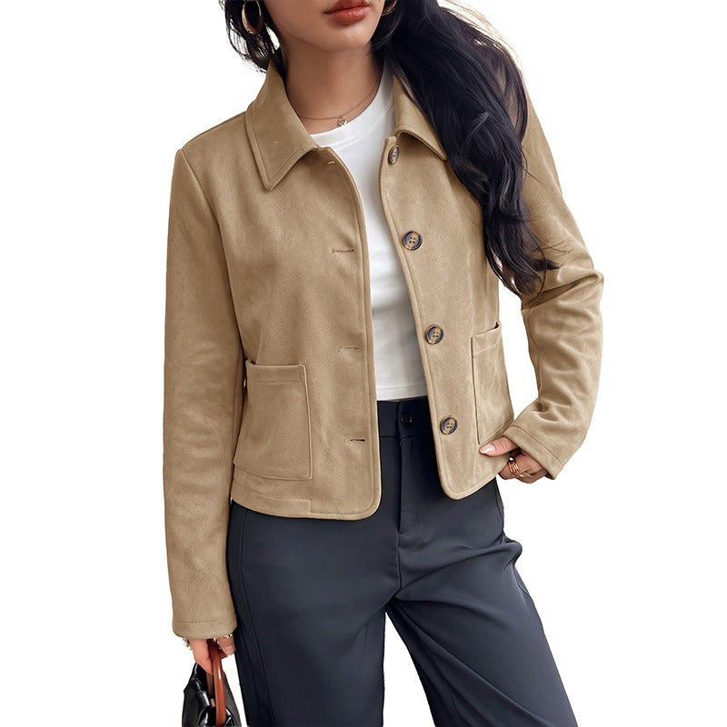 Chaqueta Corta Vintage de Manga Larga con Cuello Solapas y Corte Holgado