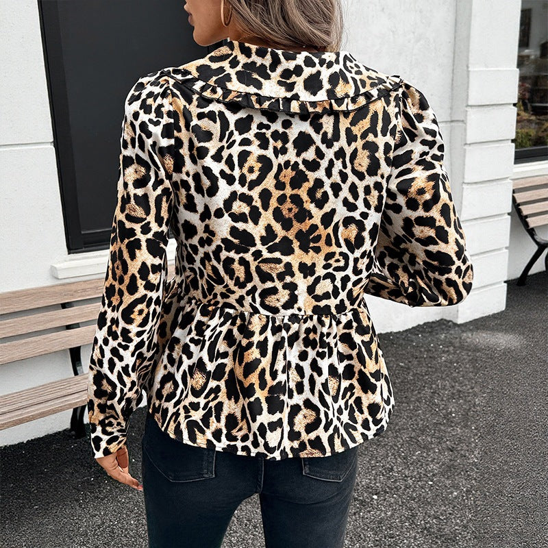 Camisa Vintage con Estampado Leopardo, Cuello Babero y Nudo Frontal
