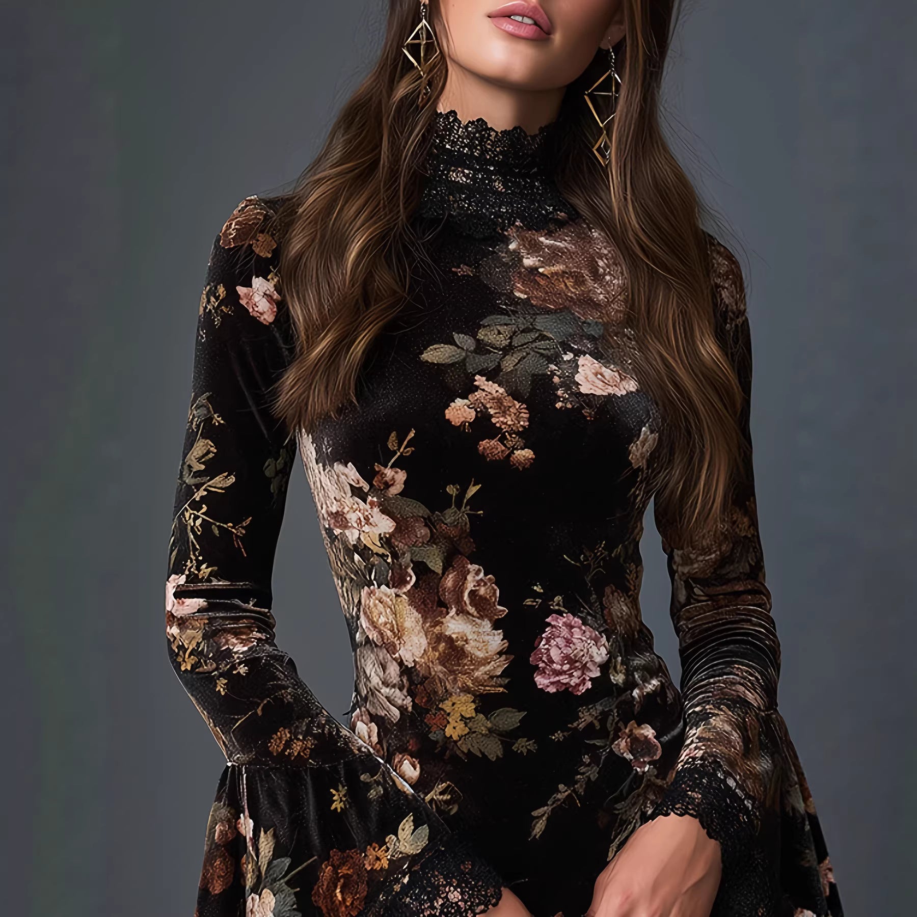 Vestido Corto Vintage Floral con Encaje y Manga Acampanada