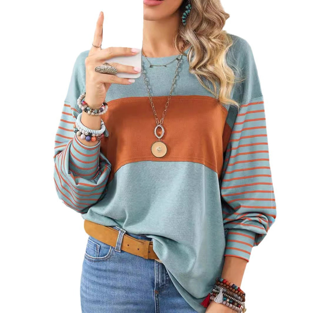 Camiseta Manga Larga Cuello Redondo con Bloques de Color y Rayas