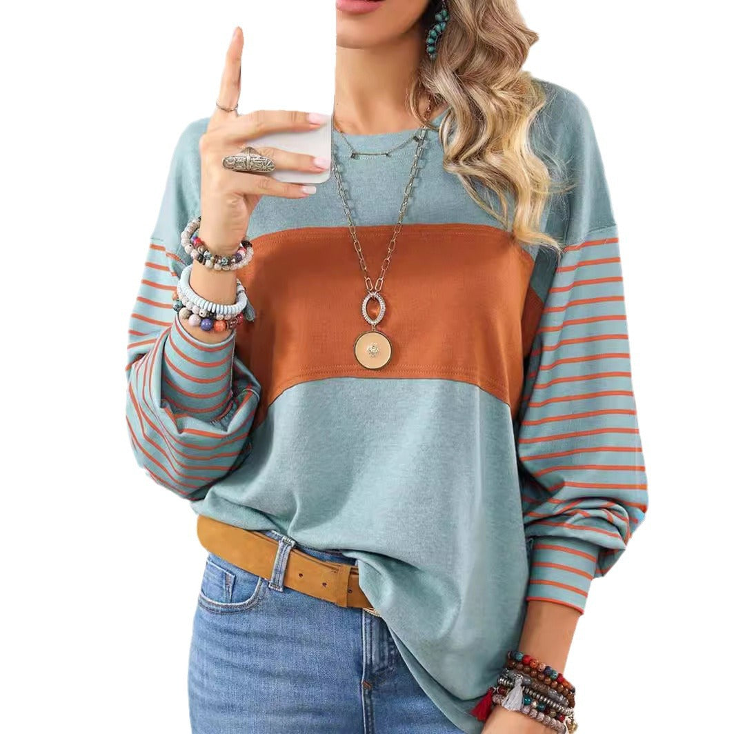 Camiseta Manga Larga Cuello Redondo con Bloques de Color y Rayas