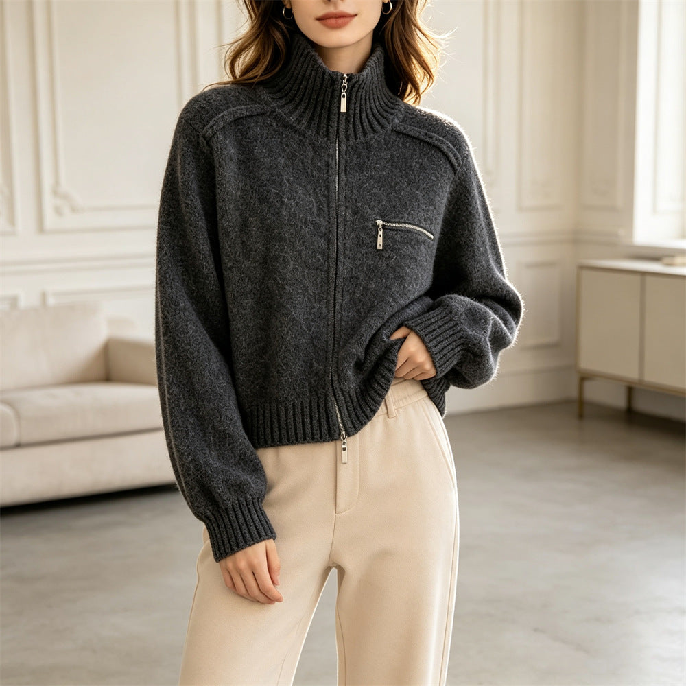 Western Style Knitted Zip Front Stand Collar Cropped Cardigan for Women