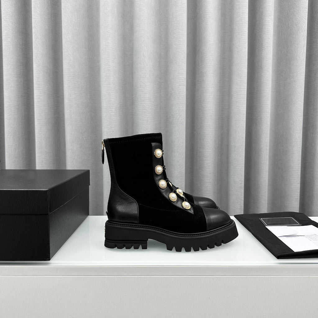 Botines negros de mujer con plataforma y decoración de perlas, de estilo motero para invierno