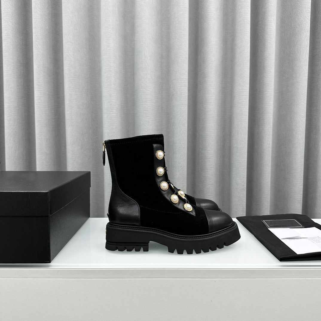Botines negros de mujer con plataforma y decoración de perlas, de estilo motero para invierno