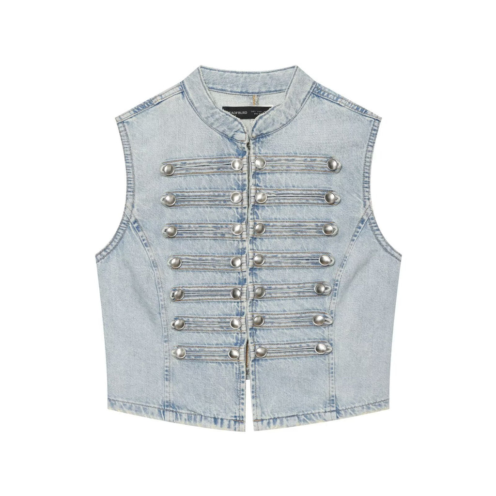 Chaleco Vaquero con Cuello Mao y Botones de Nudo para Mujer