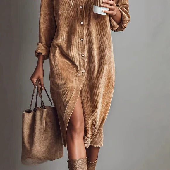 Vestido Largo Camisero de Pana con Cuello Vuelto y Manga Larga