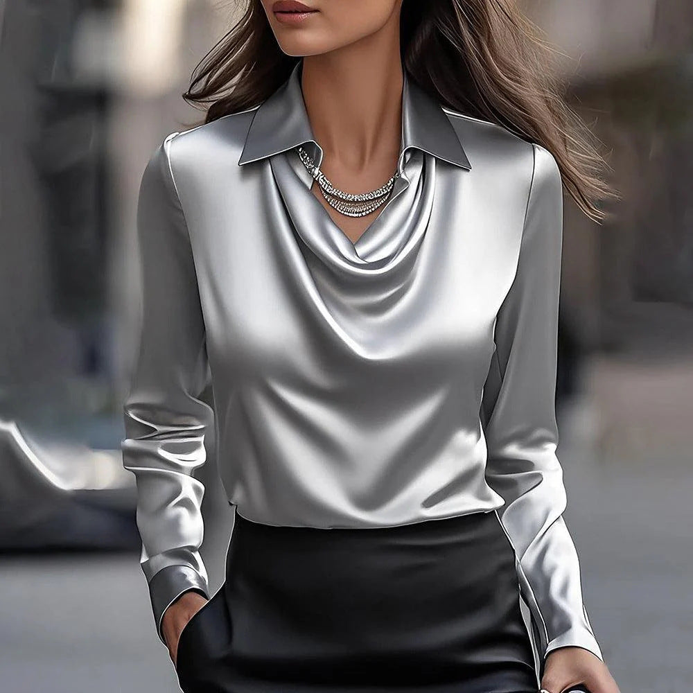 Camisa de Manga Larga con Cuello Solapa Estilo Elegante Mujer
