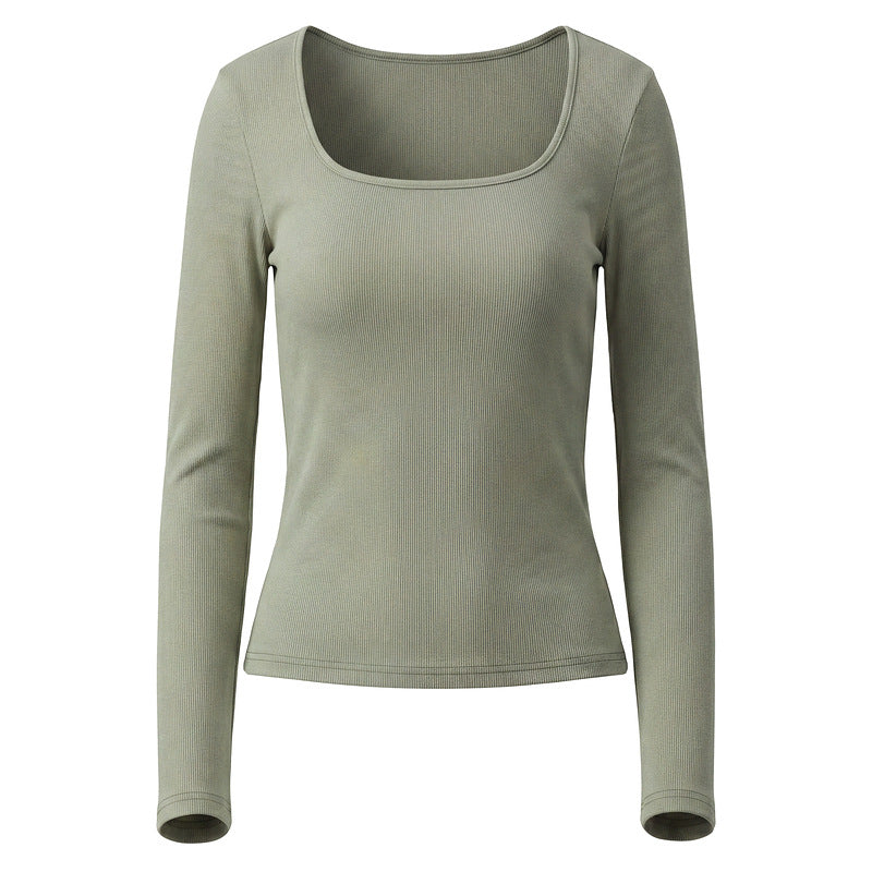 Camiseta Básica Blanca de Manga Larga con Cuello U y Textura de Rayas