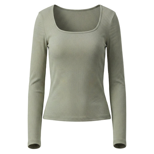 Camiseta Básica Blanca de Manga Larga con Cuello U y Textura de Rayas