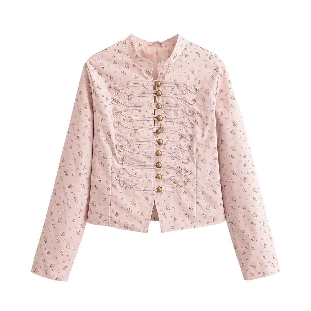 Chaqueta con Estampado Floral Pequeño y Botones de Nudo Decorativos