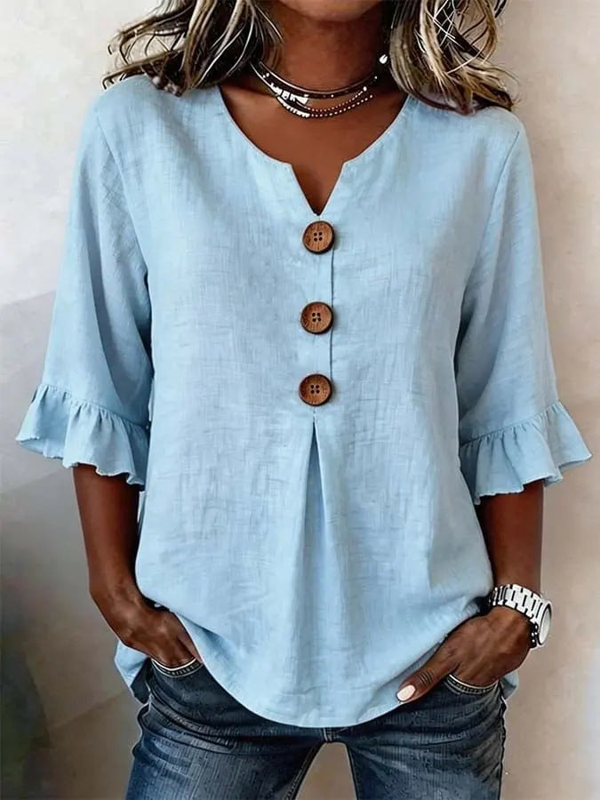 Blusa Lino-Algodón Cuello V con Botones para Verano