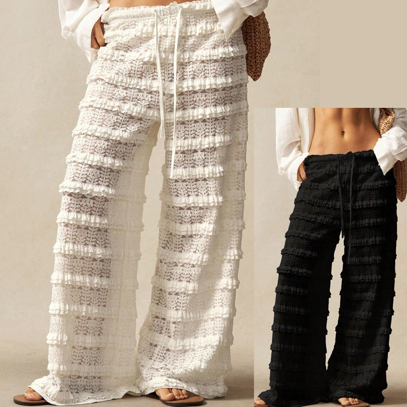 Pantalón Recto Streetwear con Encaje Jacquard y Detalle Calado