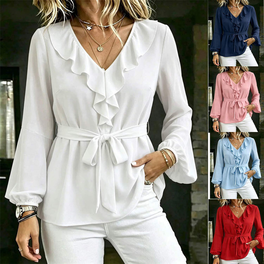 Blusa Elegante Cuello V con Volantes, Lazo y Manga Farol