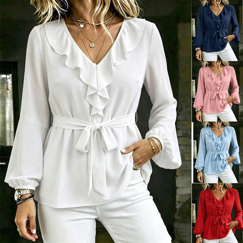 Blusa Elegante Cuello V con Volantes, Lazo y Manga Farol
