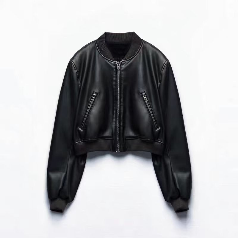 Chaqueta de Polipiel para Mujer con Cremallera, Estilo Aviador Y2K y Manga Larga