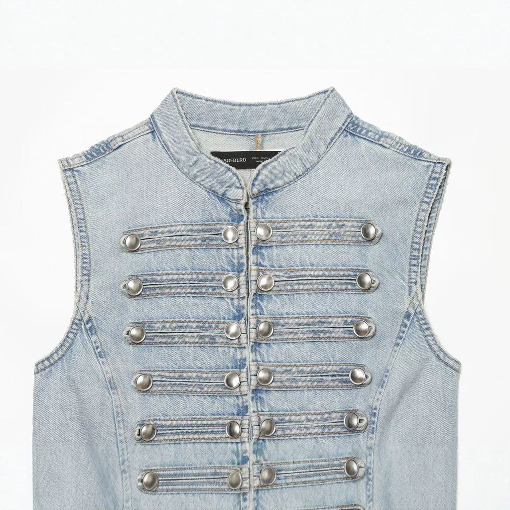 Chaleco Vaquero con Cuello Mao y Botones de Nudo para Mujer