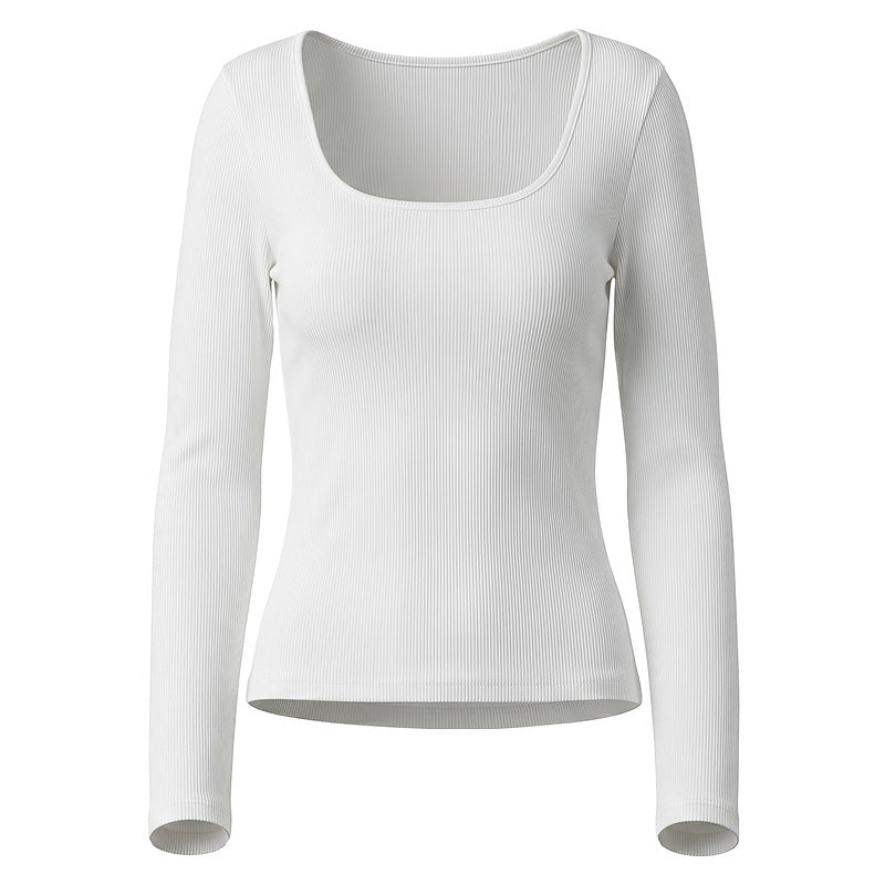 Camiseta Básica Blanca de Manga Larga con Cuello U y Textura de Rayas