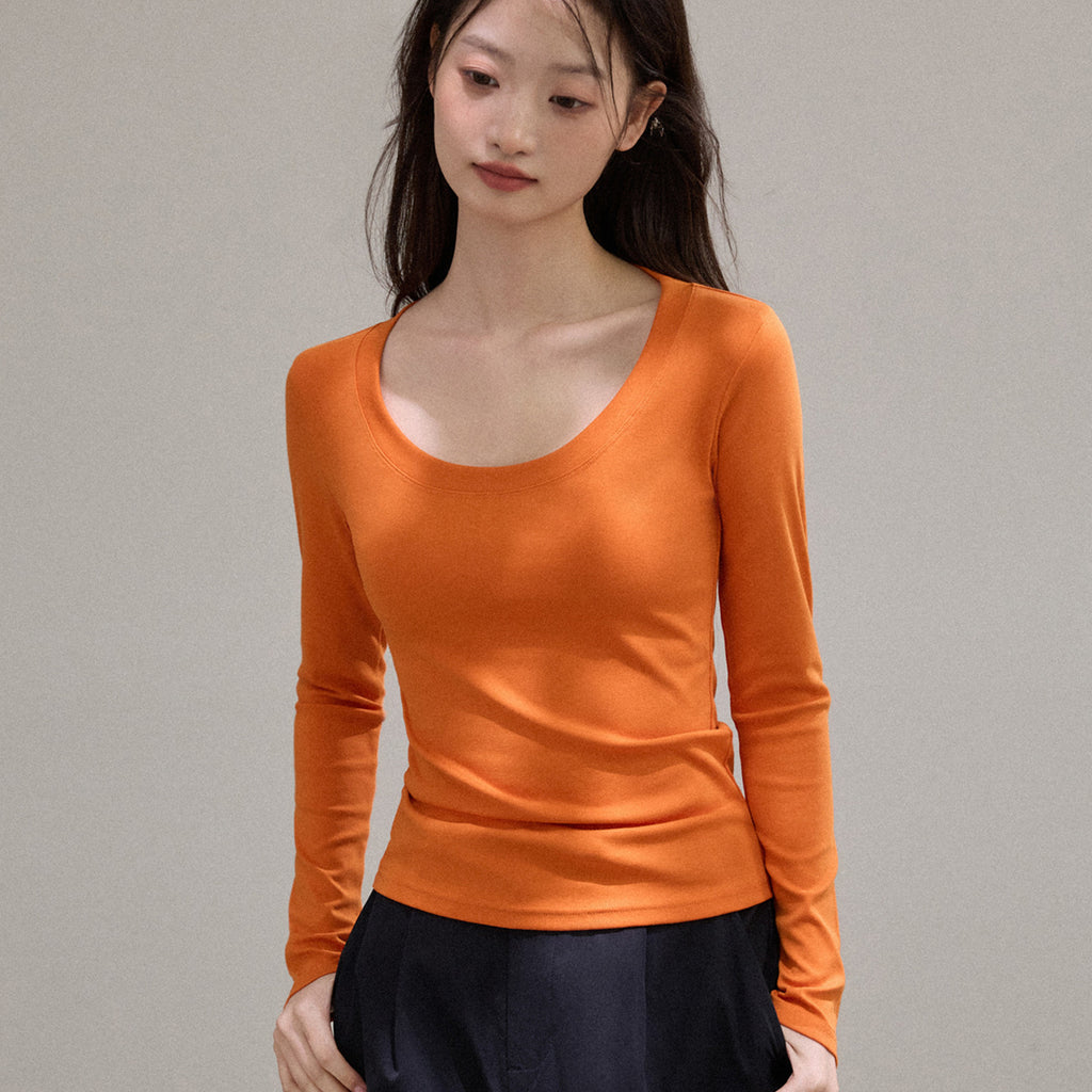 Camiseta de Manga Larga con Cuello U Amplio para Mujer
