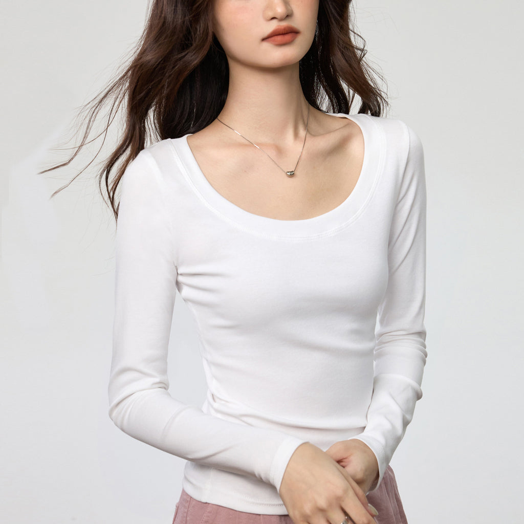 Camiseta de Manga Larga con Cuello U Amplio para Mujer