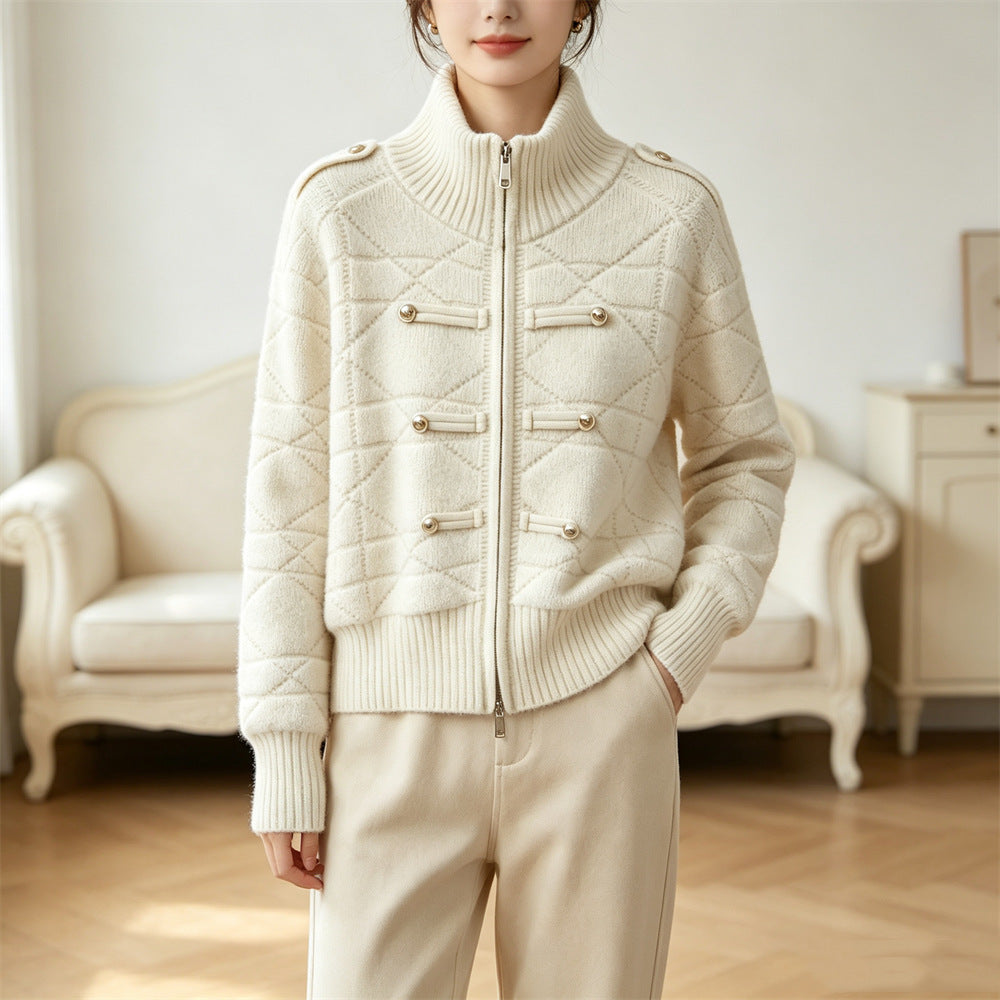 Stand up collar zipper cardigan sweater