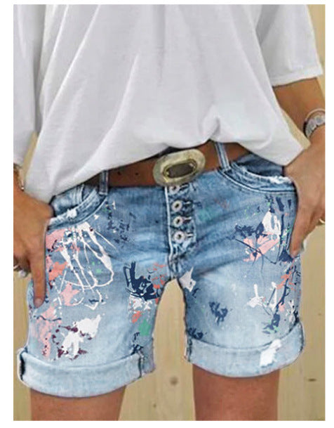 Short Vaquero Talle Alto Elástico con Estampado y Botón Talla Grande