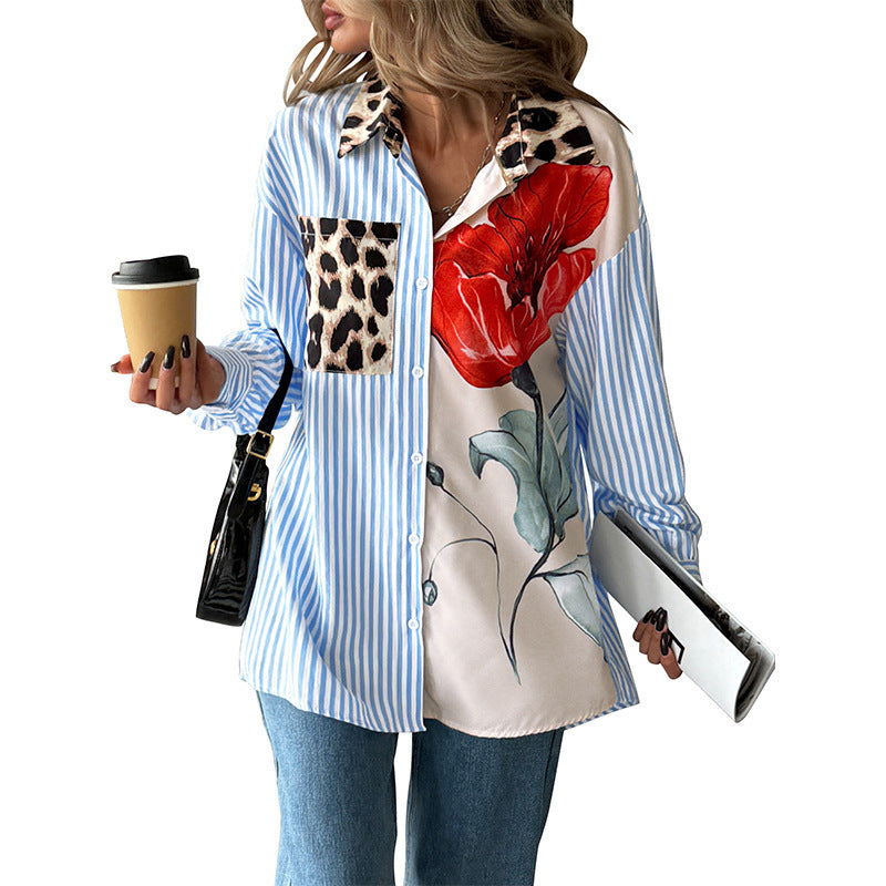 Camisa Casual con Estampado de Rayas y Patchwork para Mujer