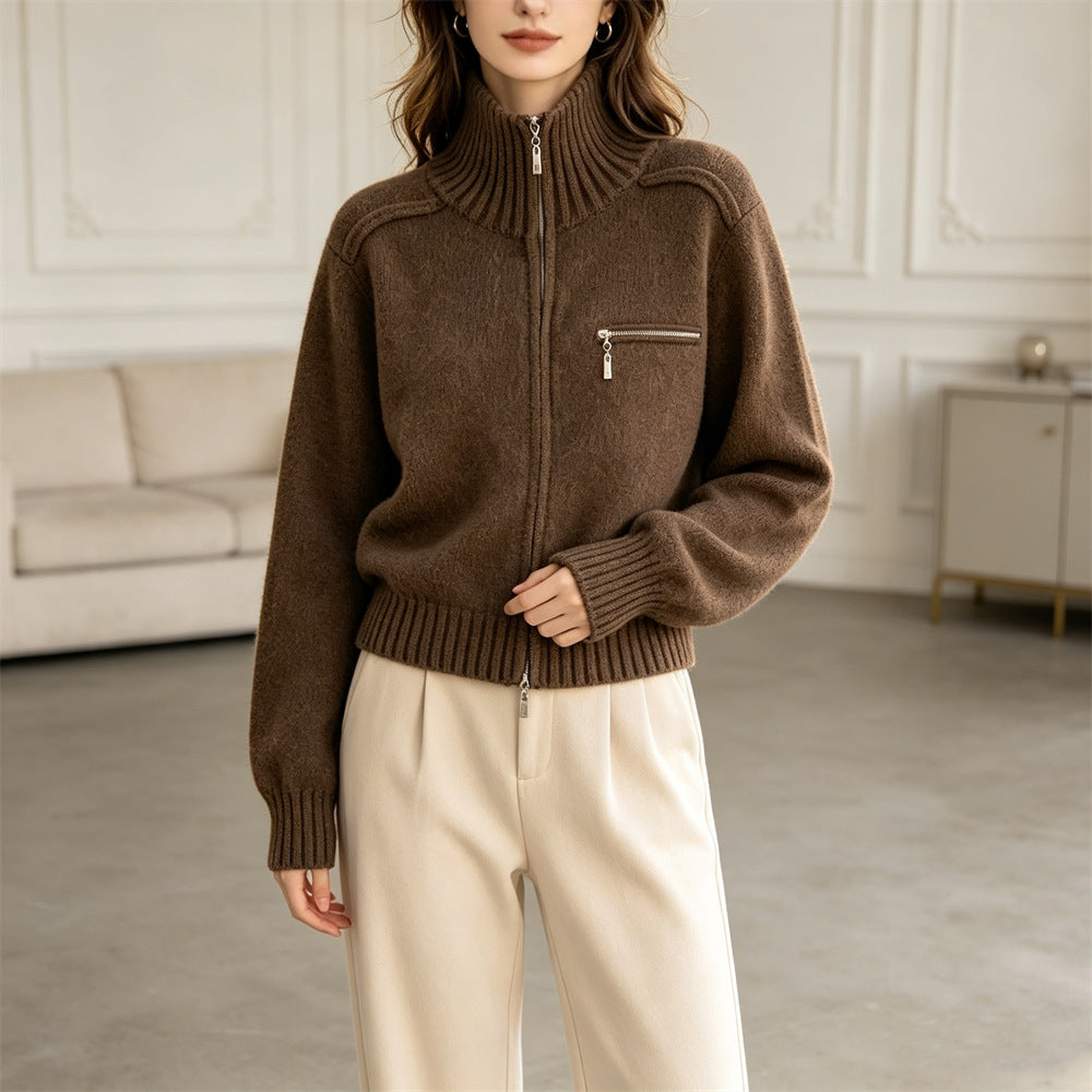 Western Style Knitted Zip Front Stand Collar Cropped Cardigan for Women